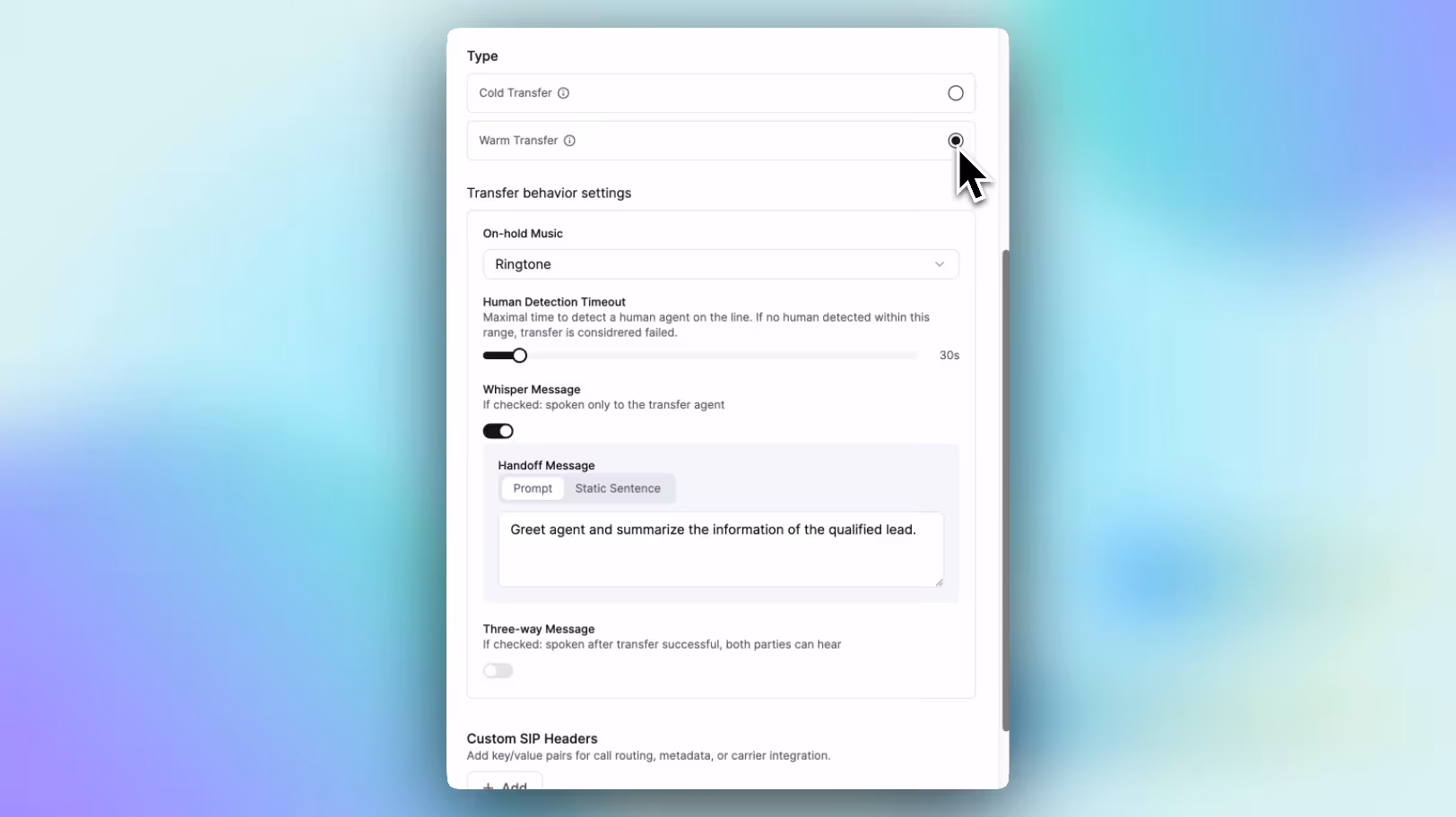 Warm Transfer Call Function Selection