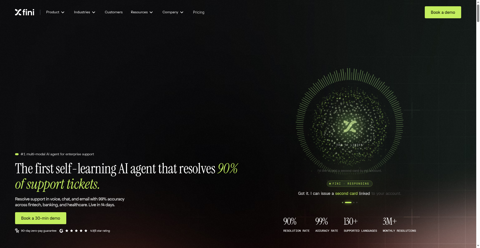 Fini AI homepage showing its self-learning AI support agent