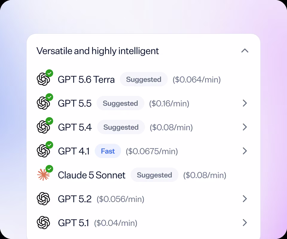 LLM model selector showing available frontier models and per-minute pricing