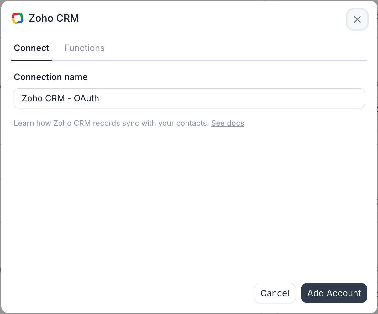 The Zoho CRM connection dialog: a connection name, then an OAuth sign-in.