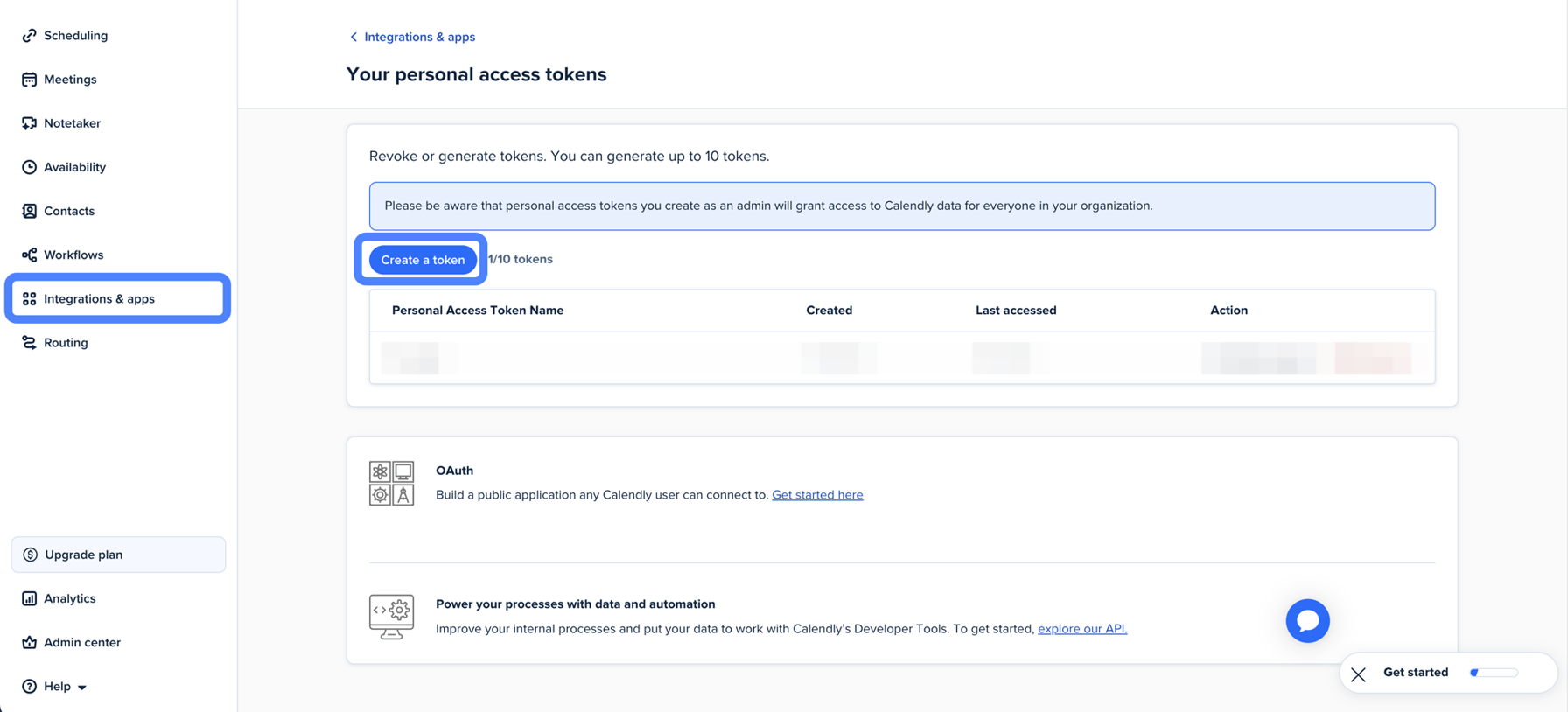 Calendly's personal access tokens page, with the Create a token button highlighted.