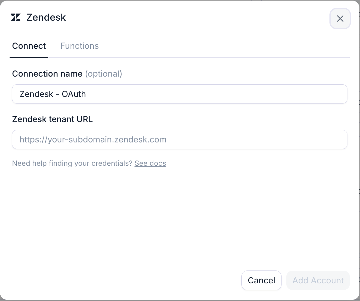 The Zendesk connection dialog: your Zendesk URL, then an OAuth sign-in.