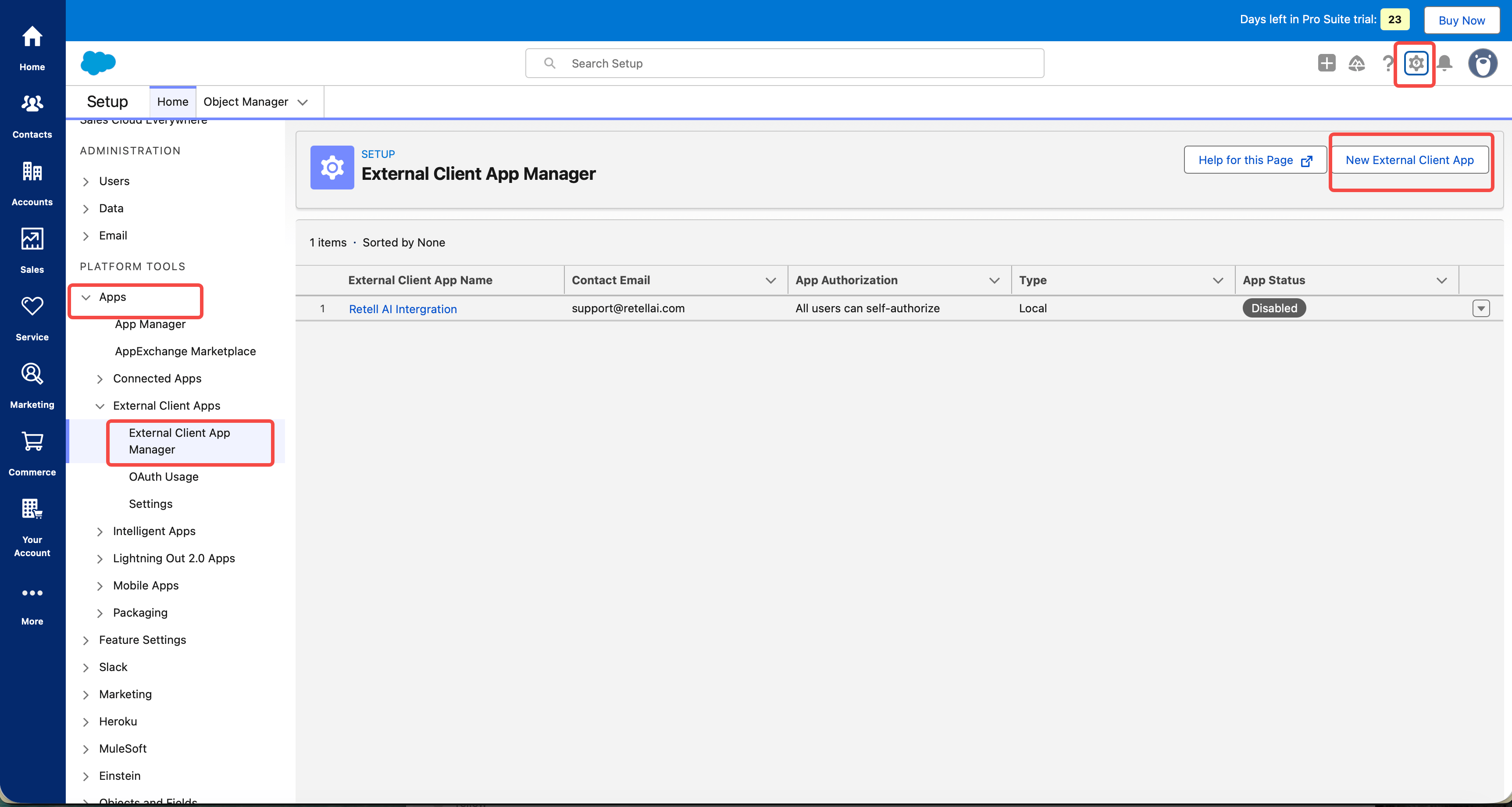 The External Client App Manager in Setup.