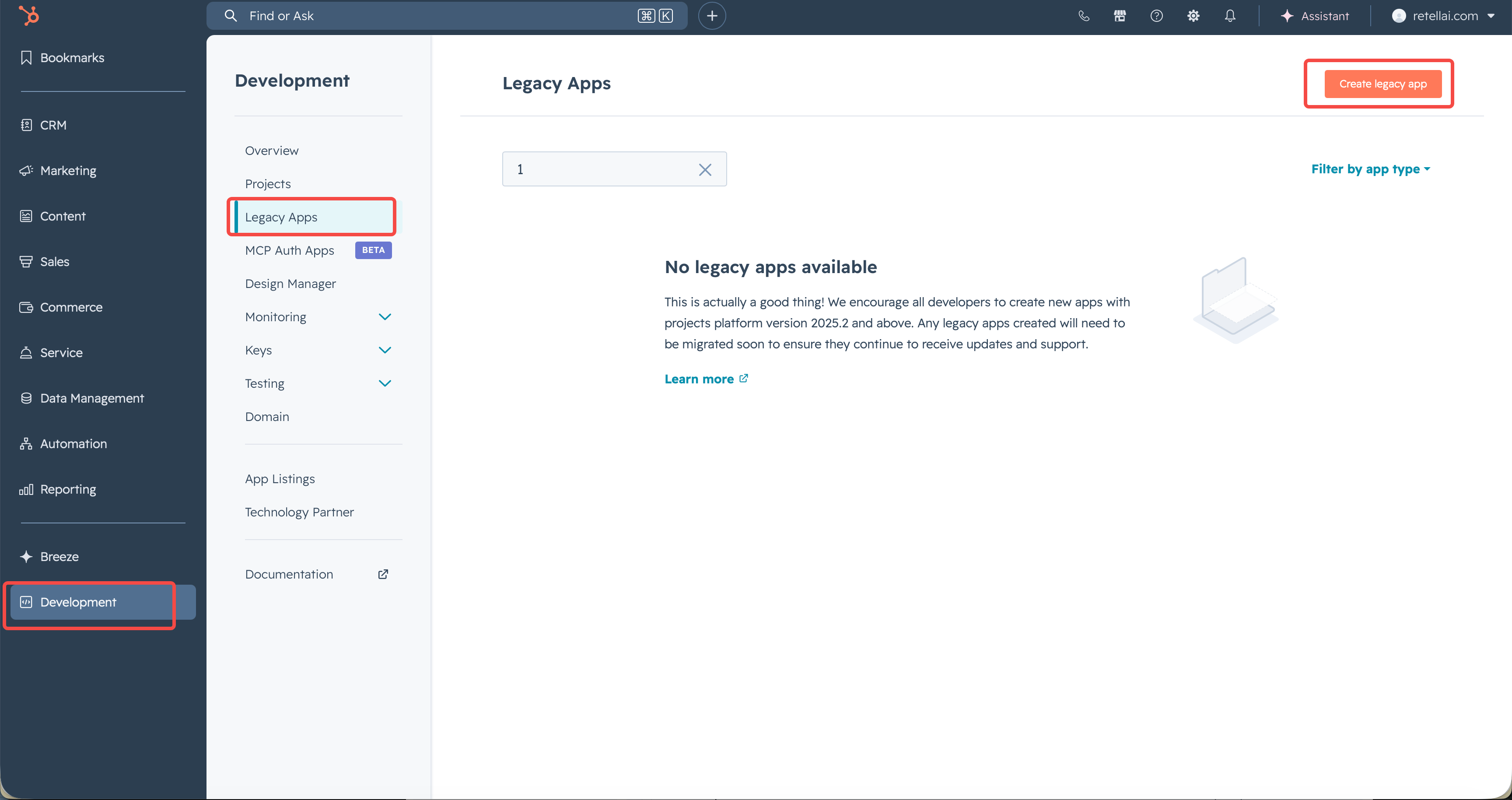 The HubSpot Legacy Apps page in the Development section, with the Create legacy app button highlighted.