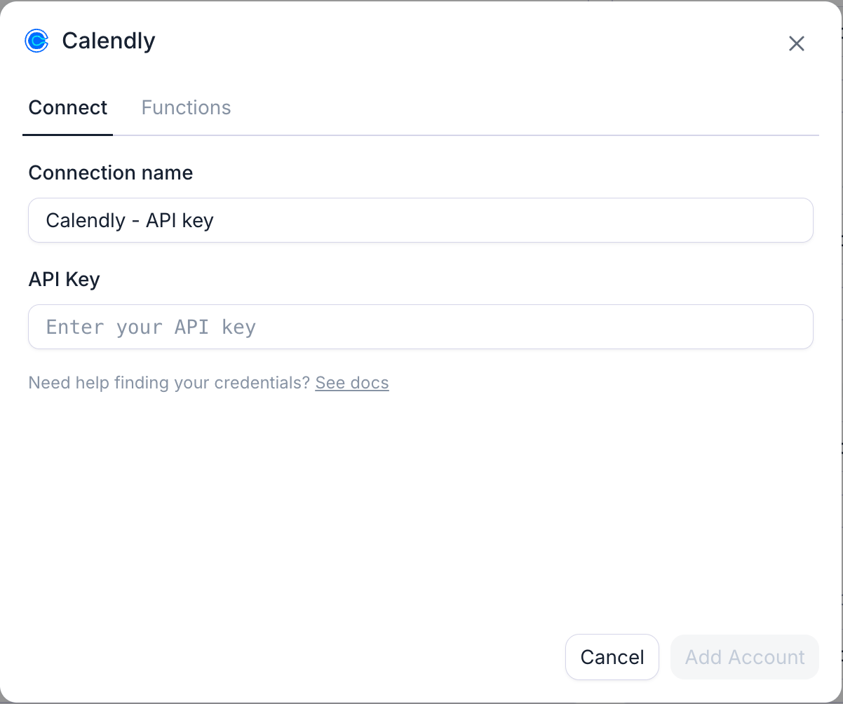 The Calendly connection dialog: paste the personal access token as the API key.