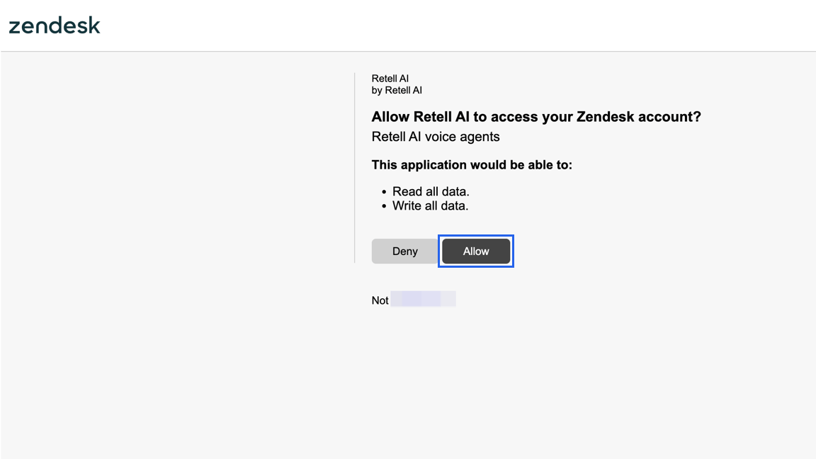 Zendesk's consent screen for the Retell AI app, click Allow to finish connecting.