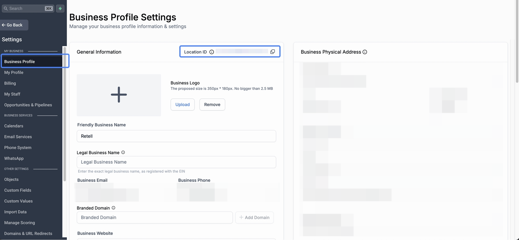 Business Profile settings in the sub-account, with the Location ID at the top of General Information.