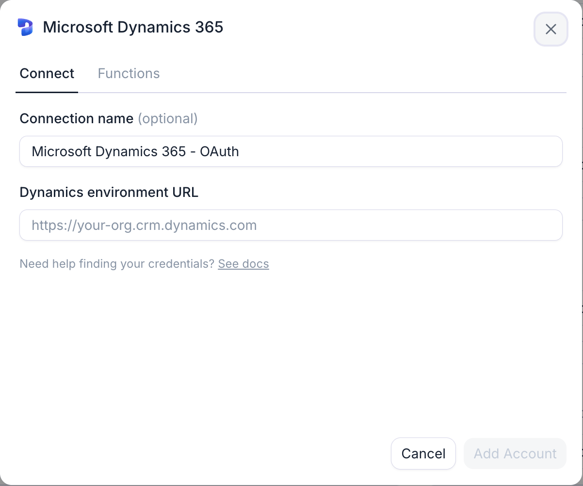 The Microsoft Dynamics 365 connection dialog: environment URL, then an OAuth sign-in.