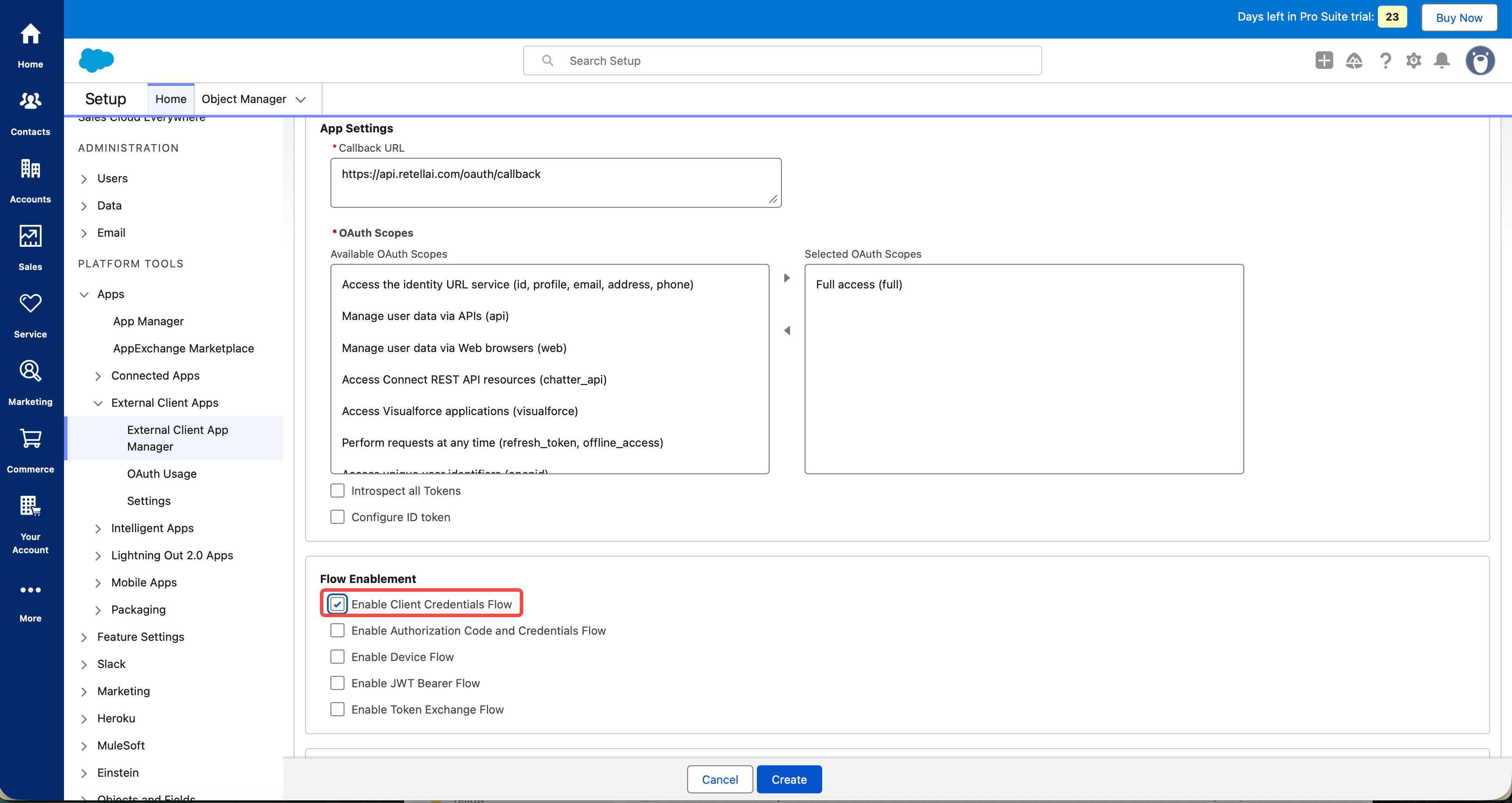 The Flow Enablement section on the creation screen, with Enable Client Credentials Flow checked.