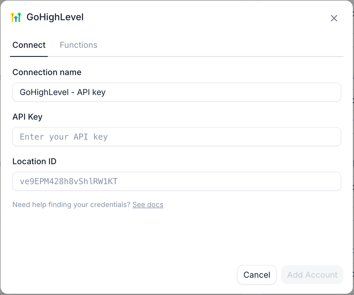 The GoHighLevel connection dialog: token as the API key, plus the sub-account's Location ID.