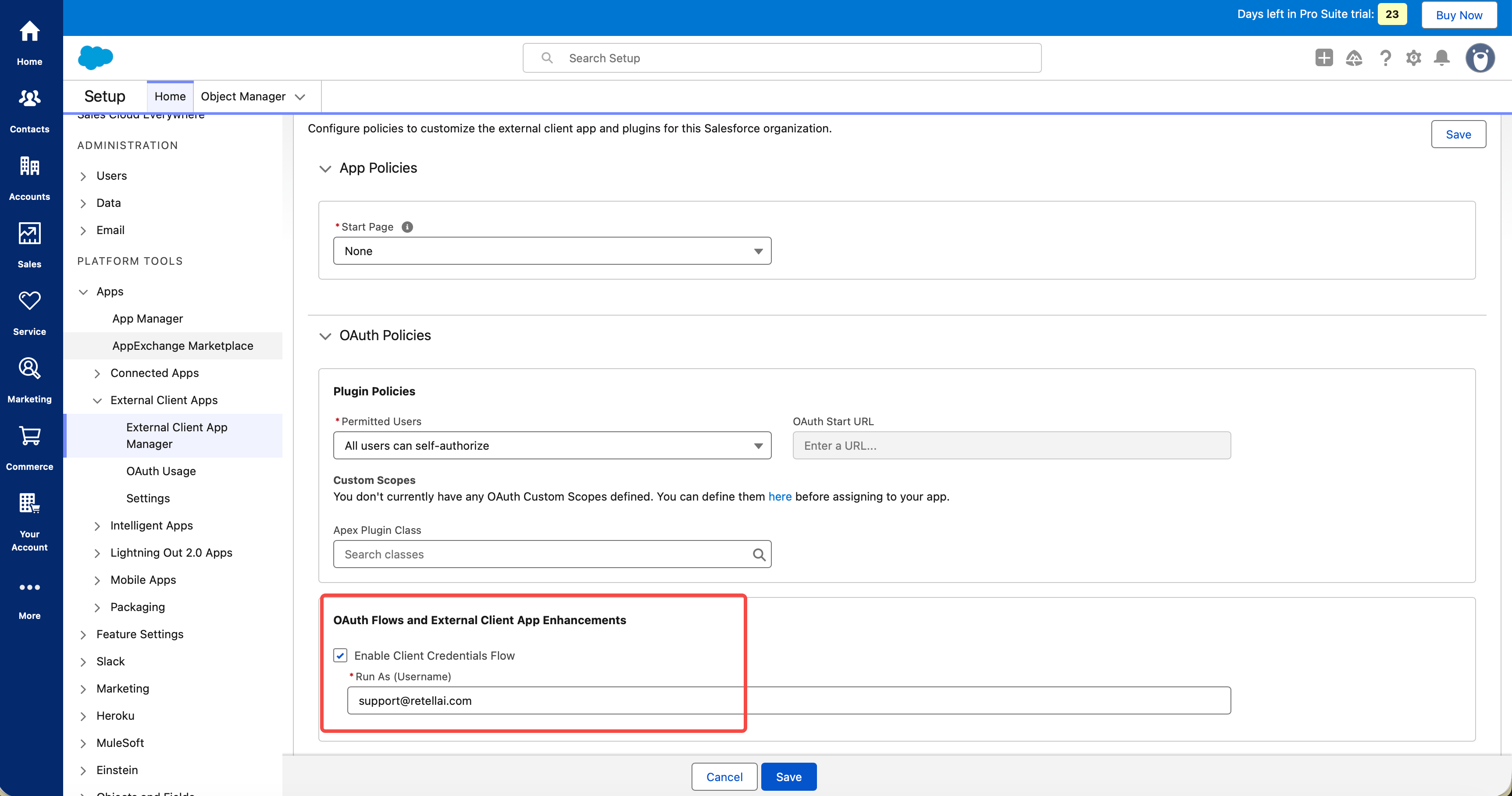 The app's Policies tab with the client credentials flow bound to a Run As user.