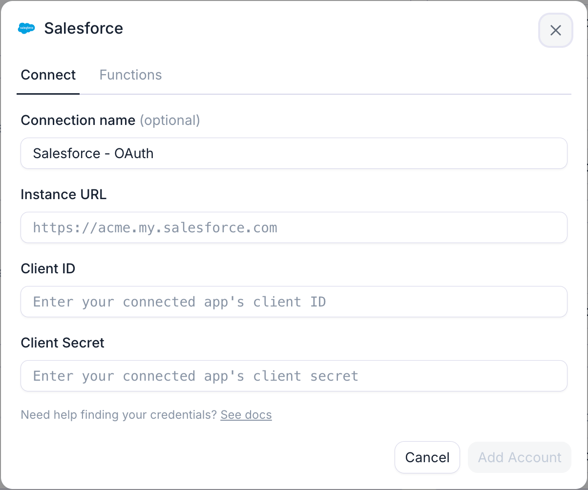 The Salesforce connection dialog: instance URL plus the External Client App's credentials.