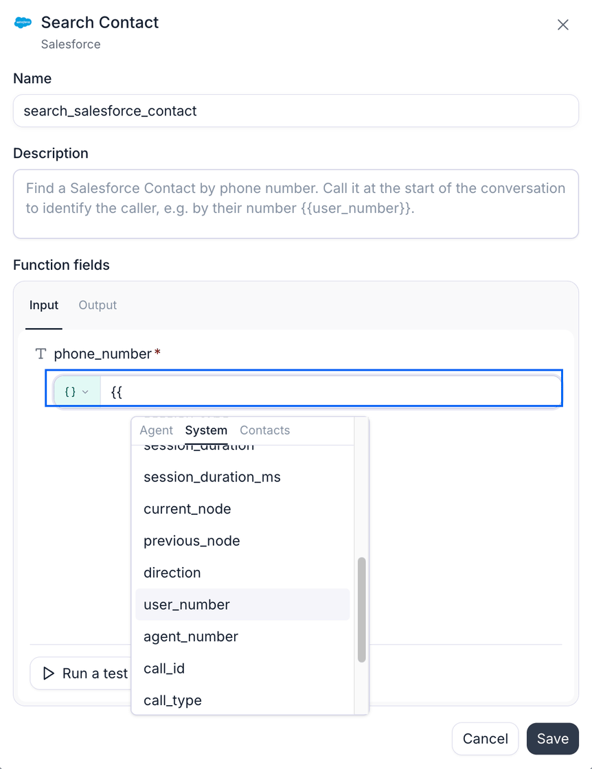 A function's input field set to a dynamic variable, with the variable picker open showing available call and agent variables.