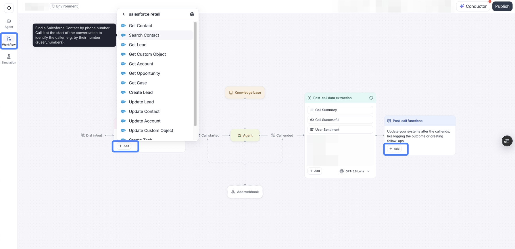 The agent's Workflow page showing pre-call functions before the call, the agent node in the middle, and post-call functions after the call ends.