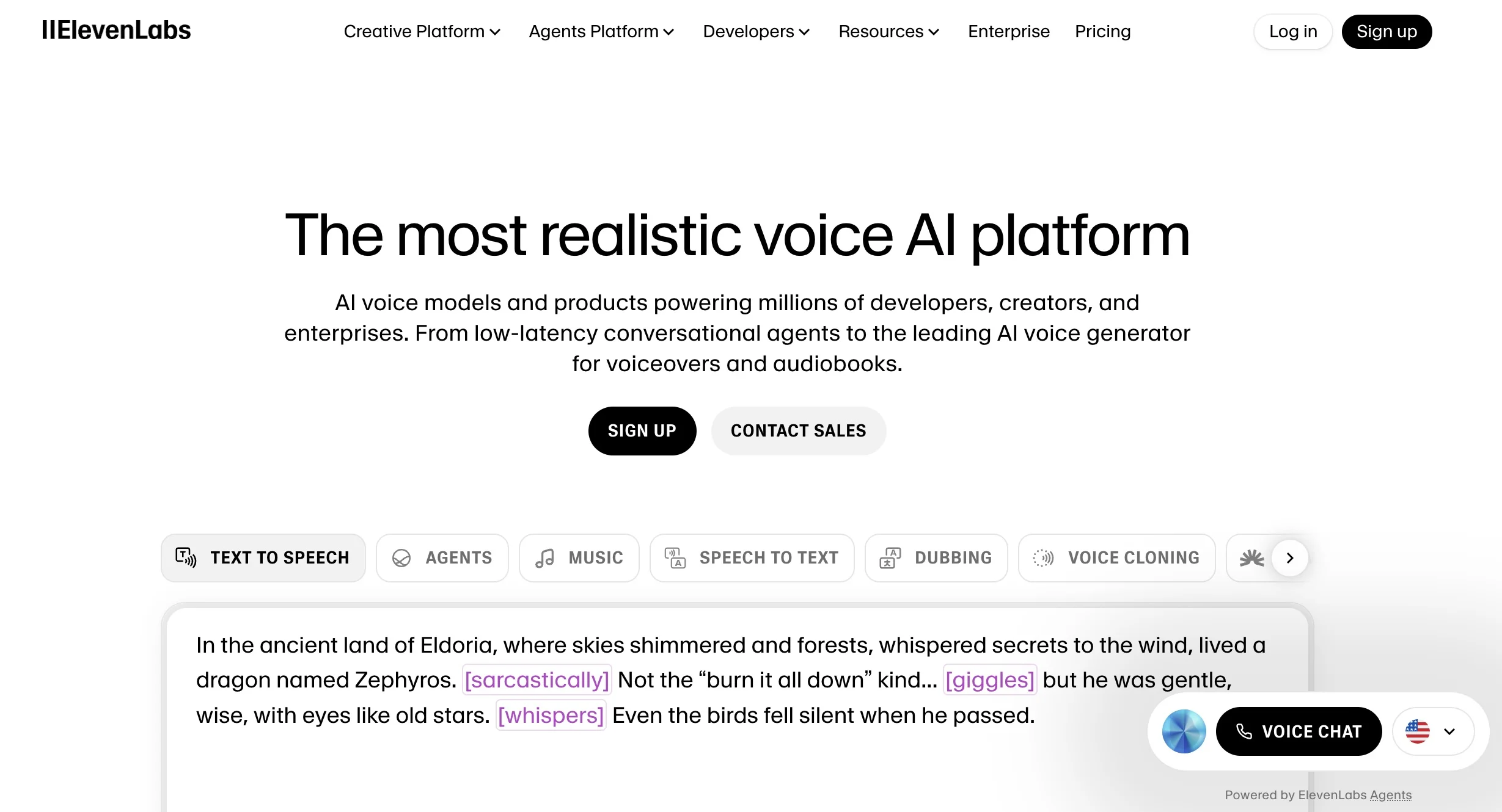 ElevenLabs homepage, a conversational AI voice platform
