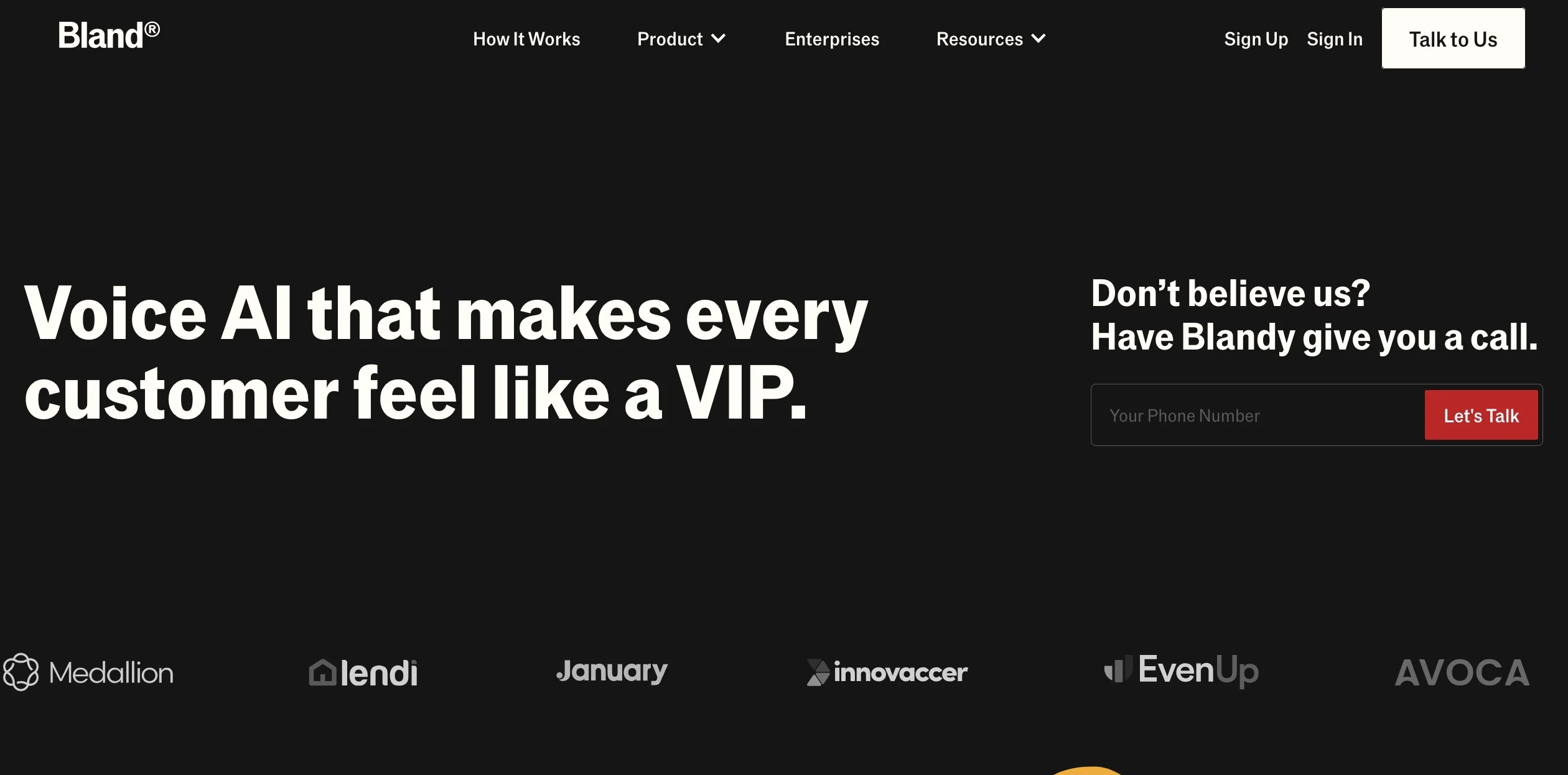 Bland homepage, an AI phone call automation platform