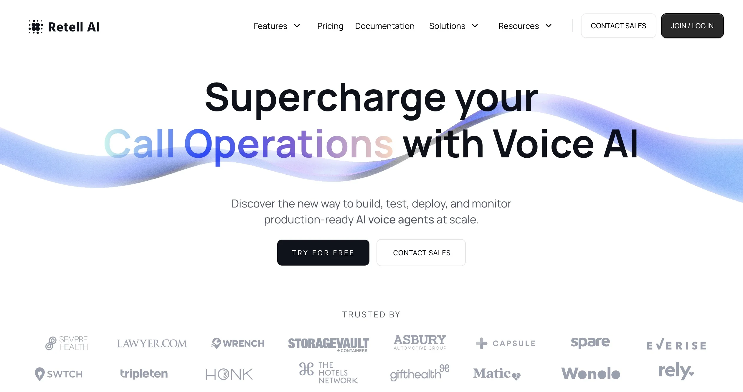 Retell AI homepage with the headline Supercharge your call operations with voice AI