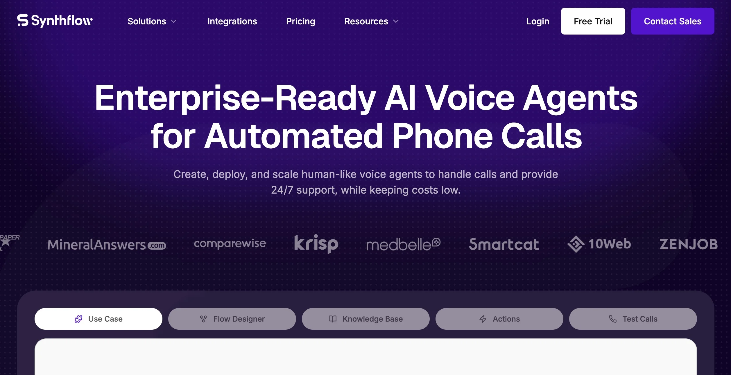 Synthflow homepage with the headline Enterprise-ready AI voice agents for automated phone calls