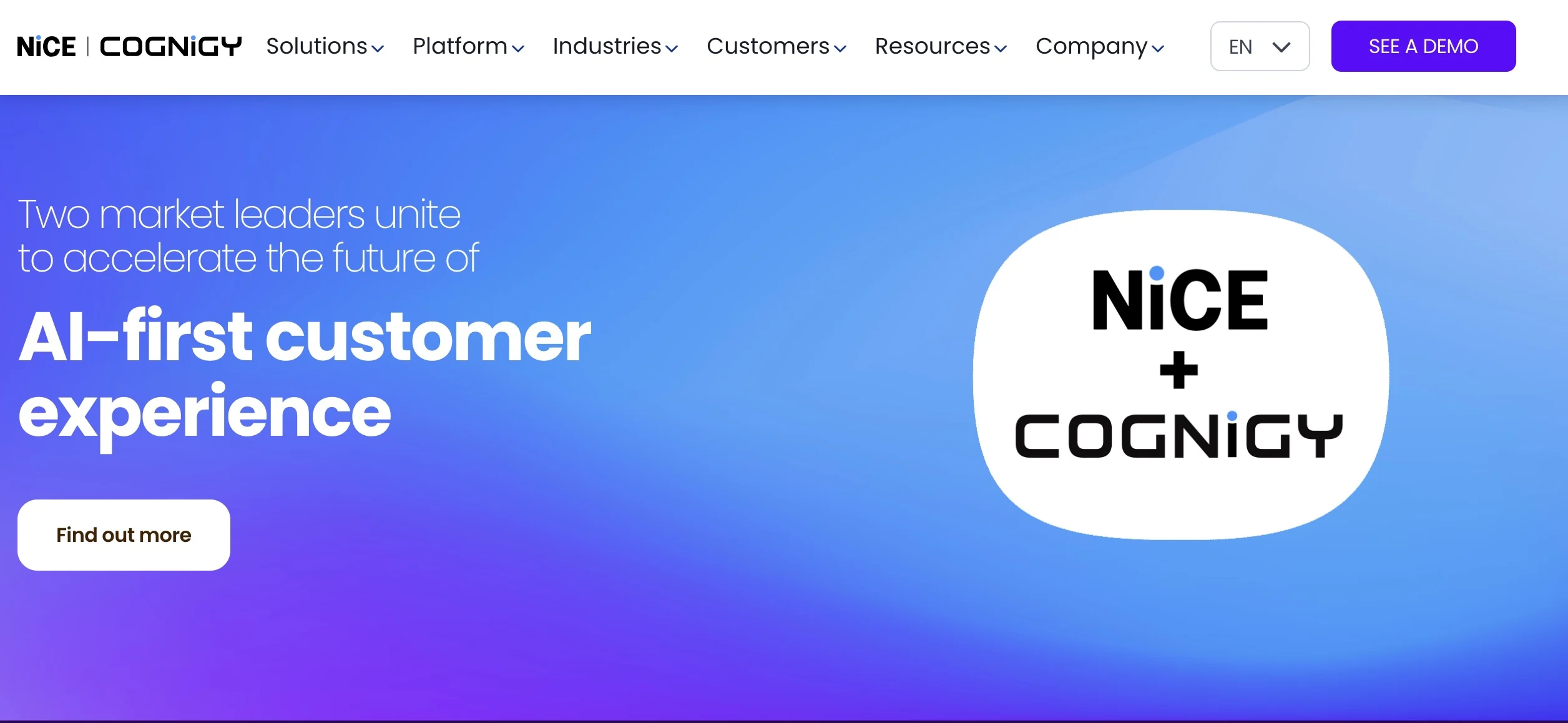 Cognigy homepage, a conversational AI platform for contact centres