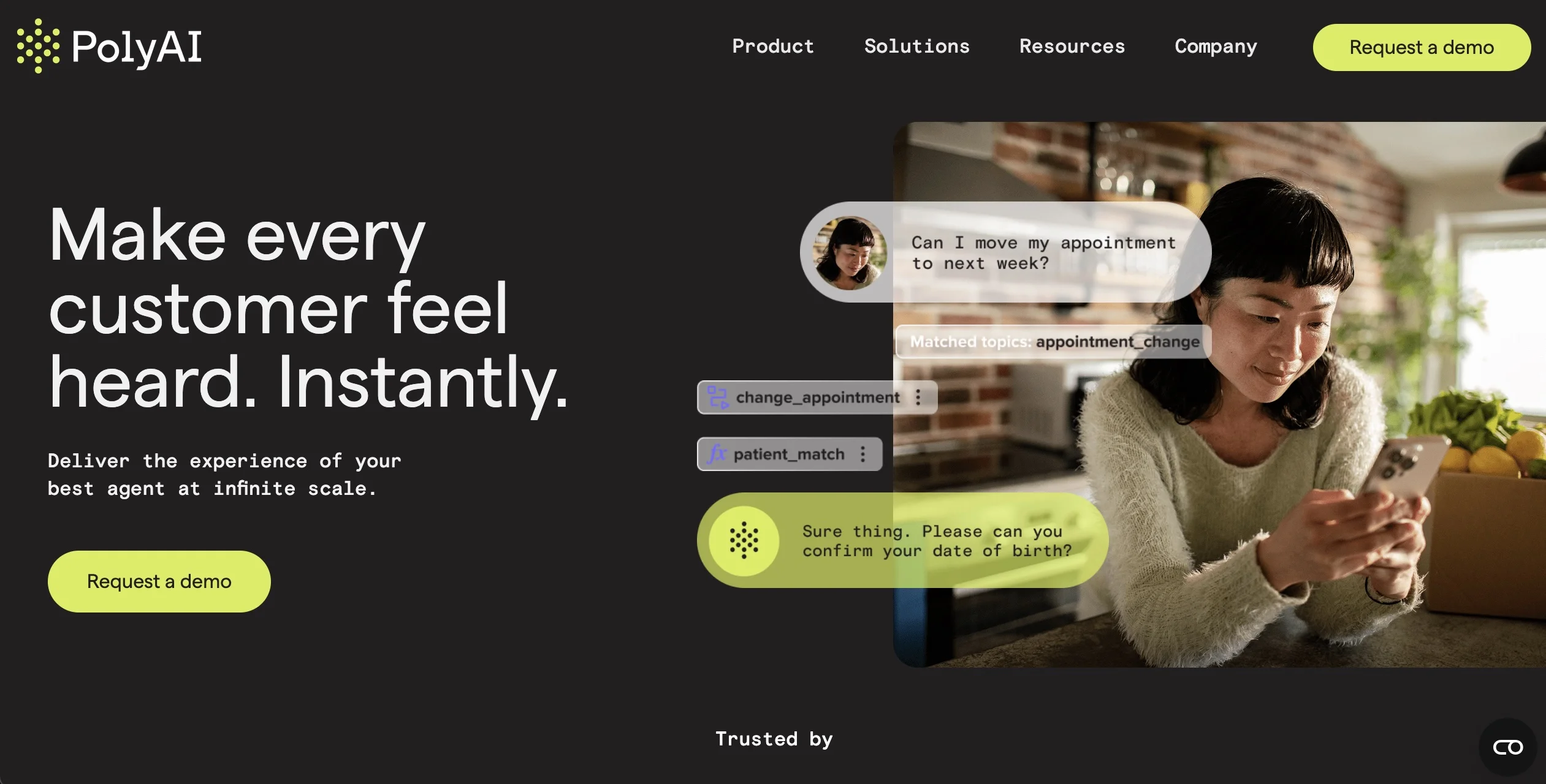 PolyAI homepage, an enterprise voice assistant platform