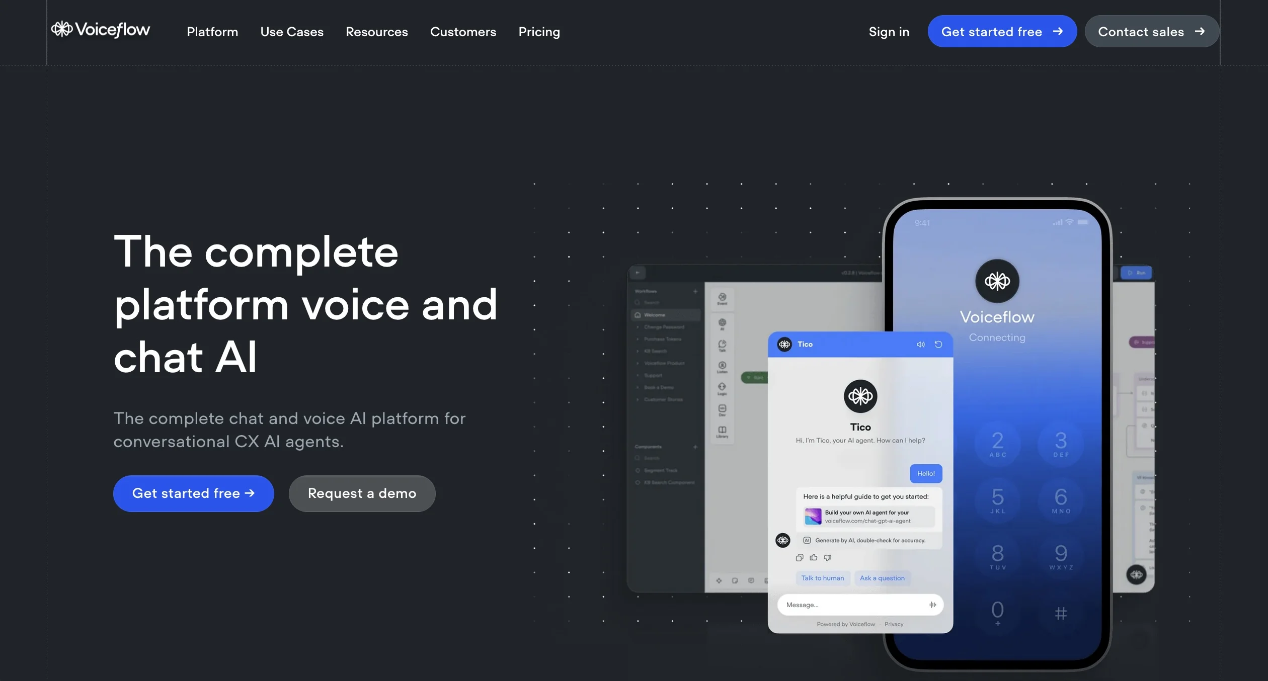 Voiceflow homepage, an agent design and prototyping workspace