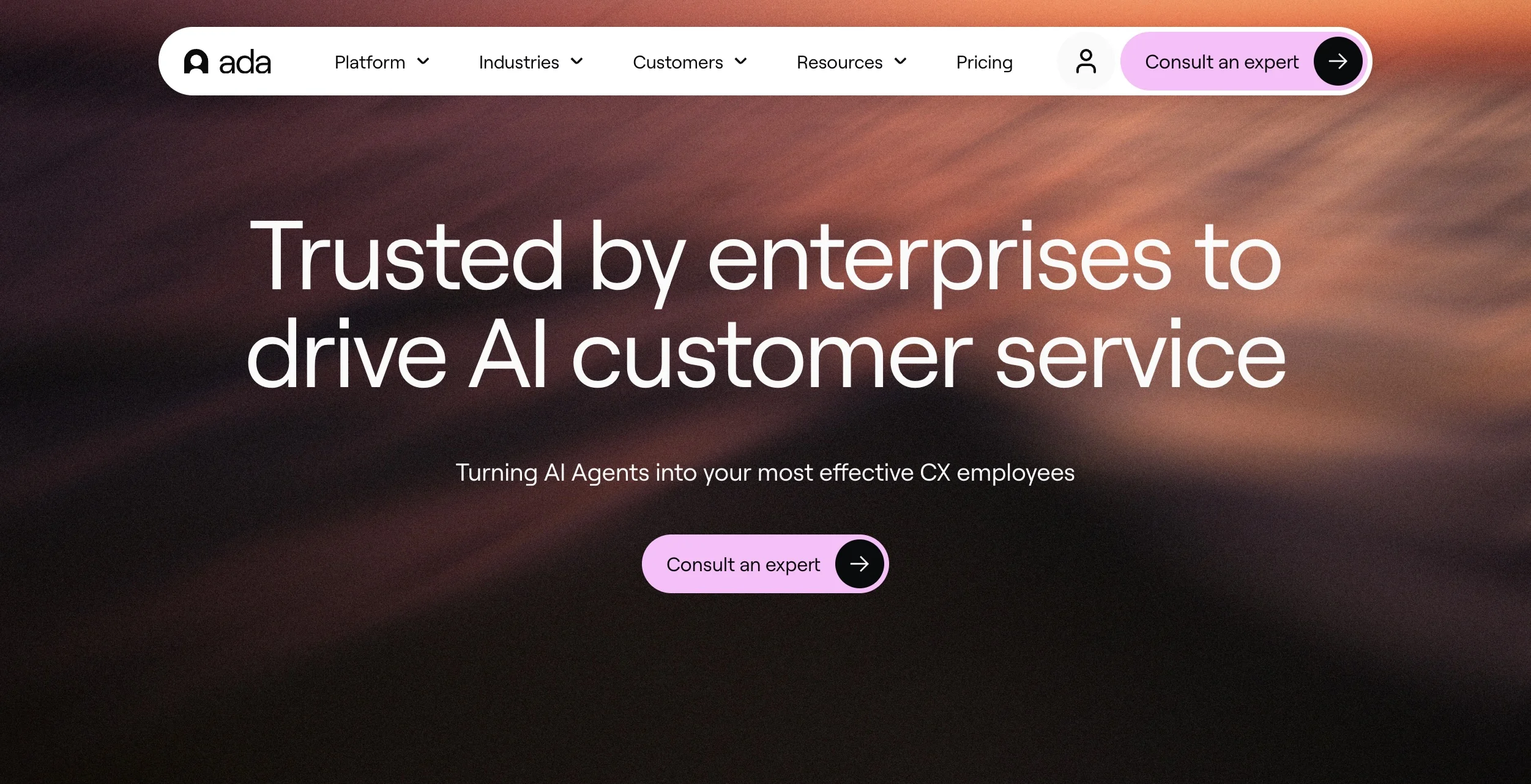 Ada.cx homepage, an omnichannel AI customer service platform