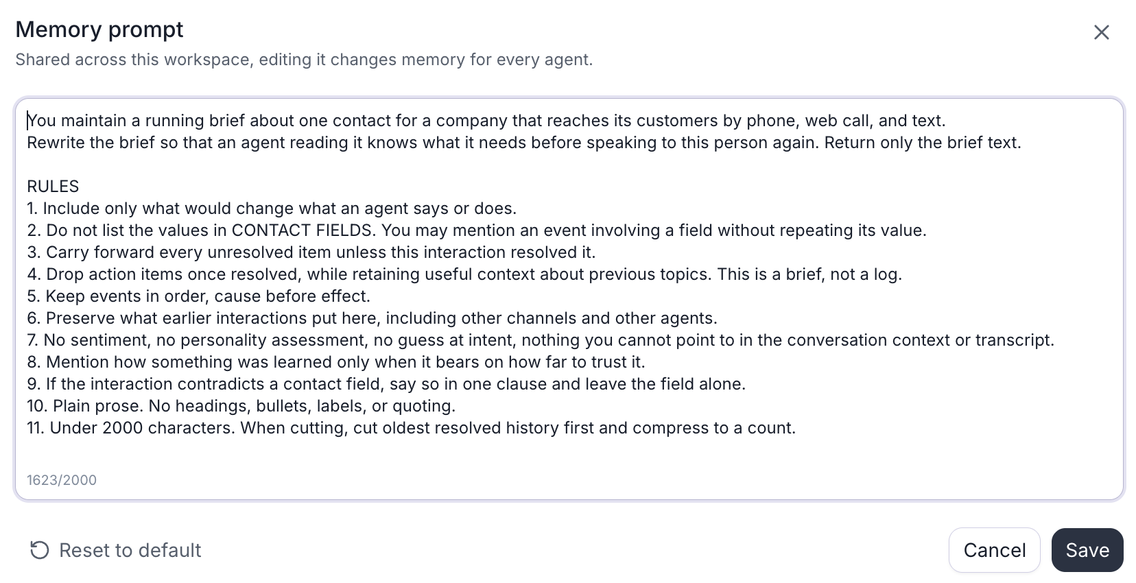 Workspace Memory prompt editor in Retell