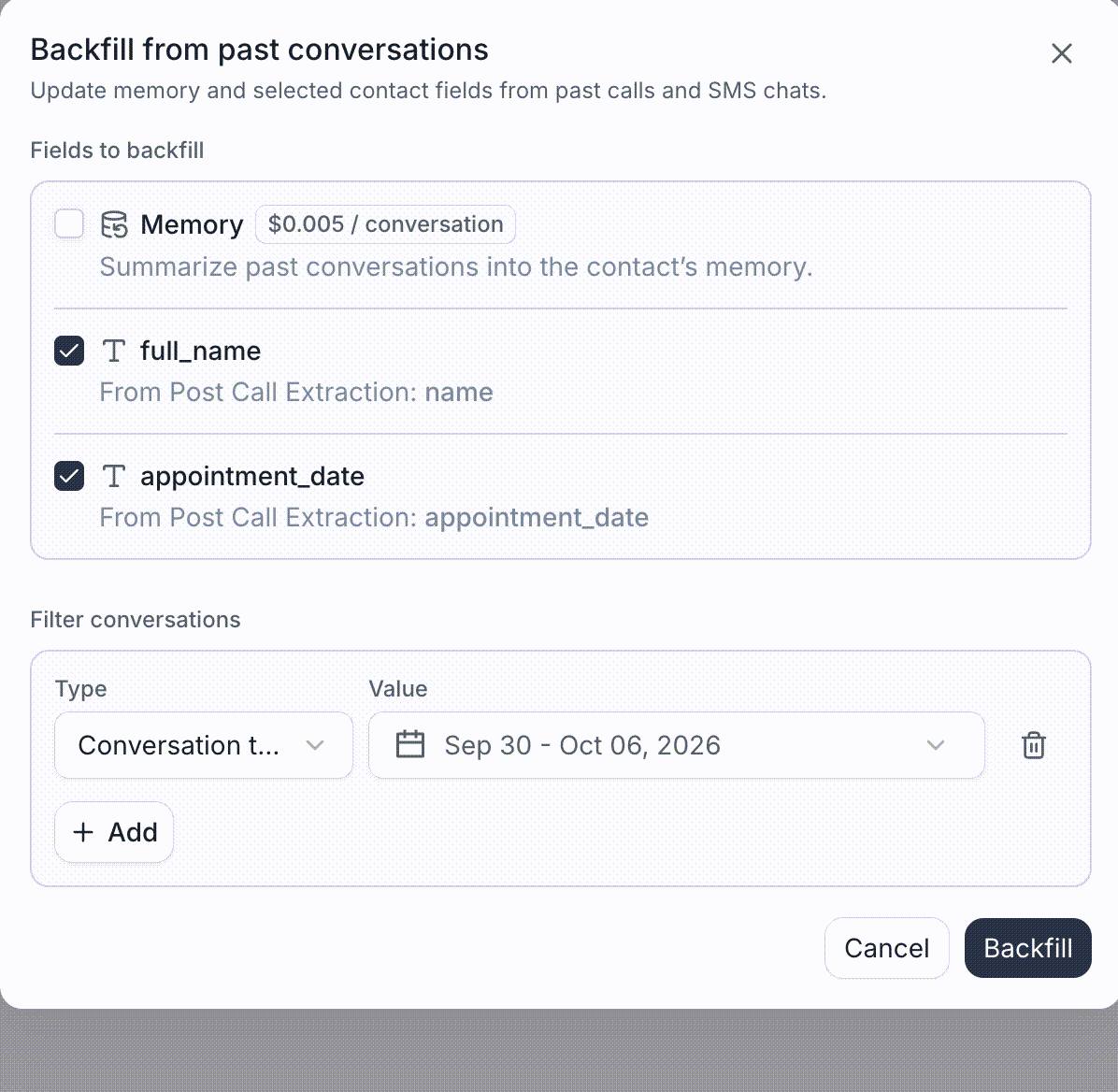 Backfilling contact memory from earlier conversations