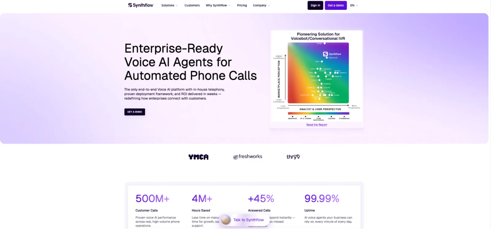 Synthflow homepage with the headline "Enterprise-Ready Voice AI Agents for Automated Phone Calls" and a 99.99% uptime stat