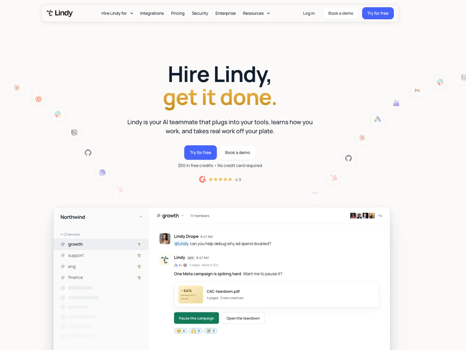 Lindy homepage with the headline "Hire Lindy, get it done" and a mock team chat where Lindy answers a request