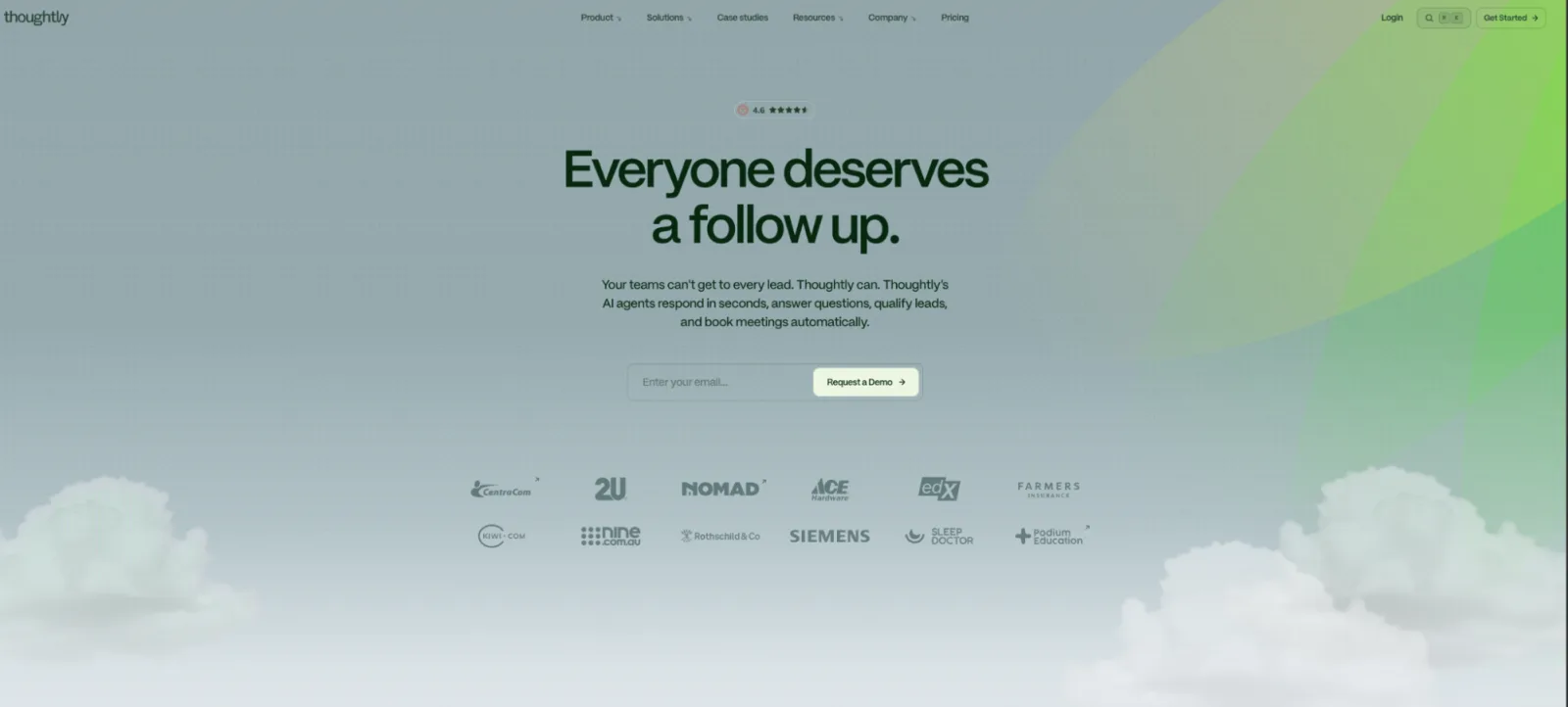 Thoughtly homepage with the headline "Everyone deserves a follow up" and a demo request form
