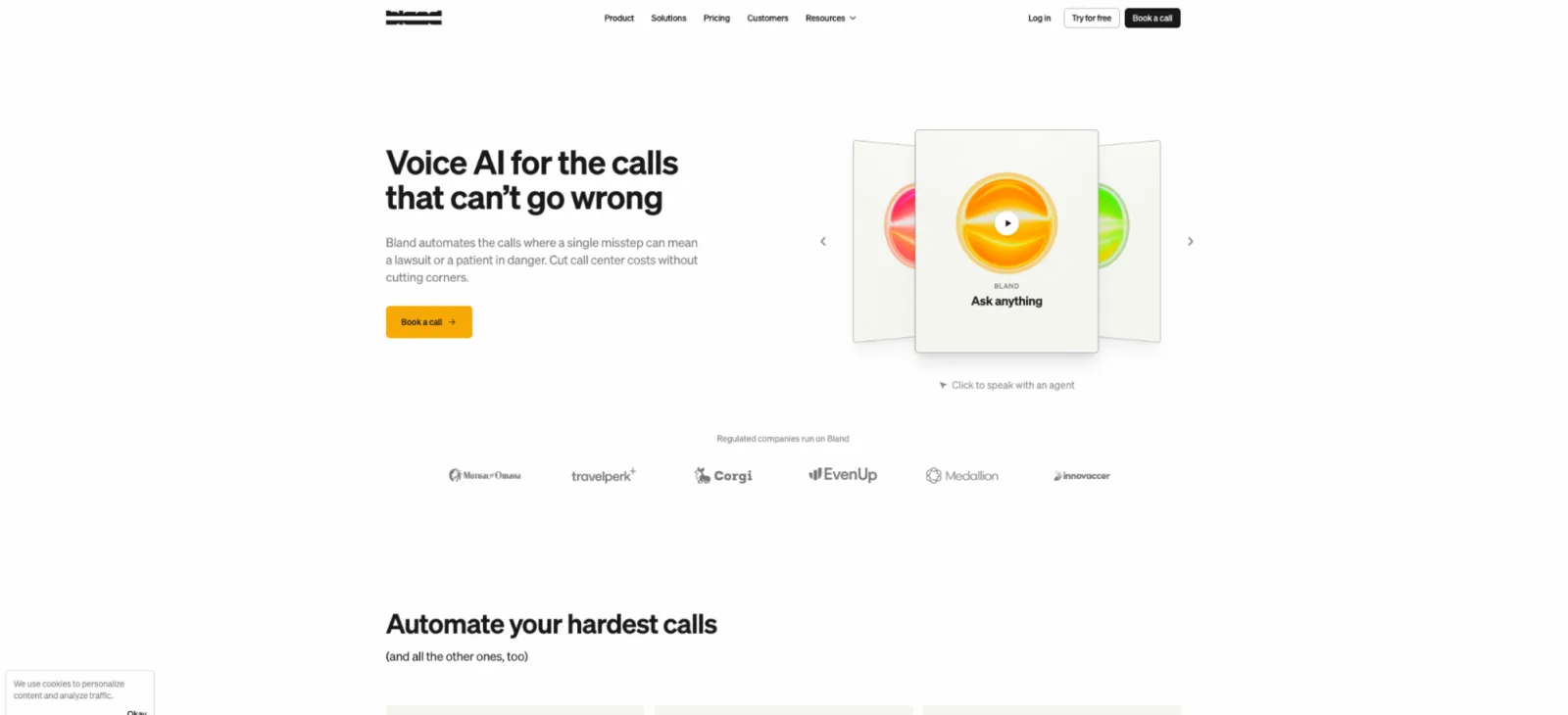 Bland AI homepage with the headline "Voice AI for the calls that can't go wrong" and an "Ask anything" voice demo