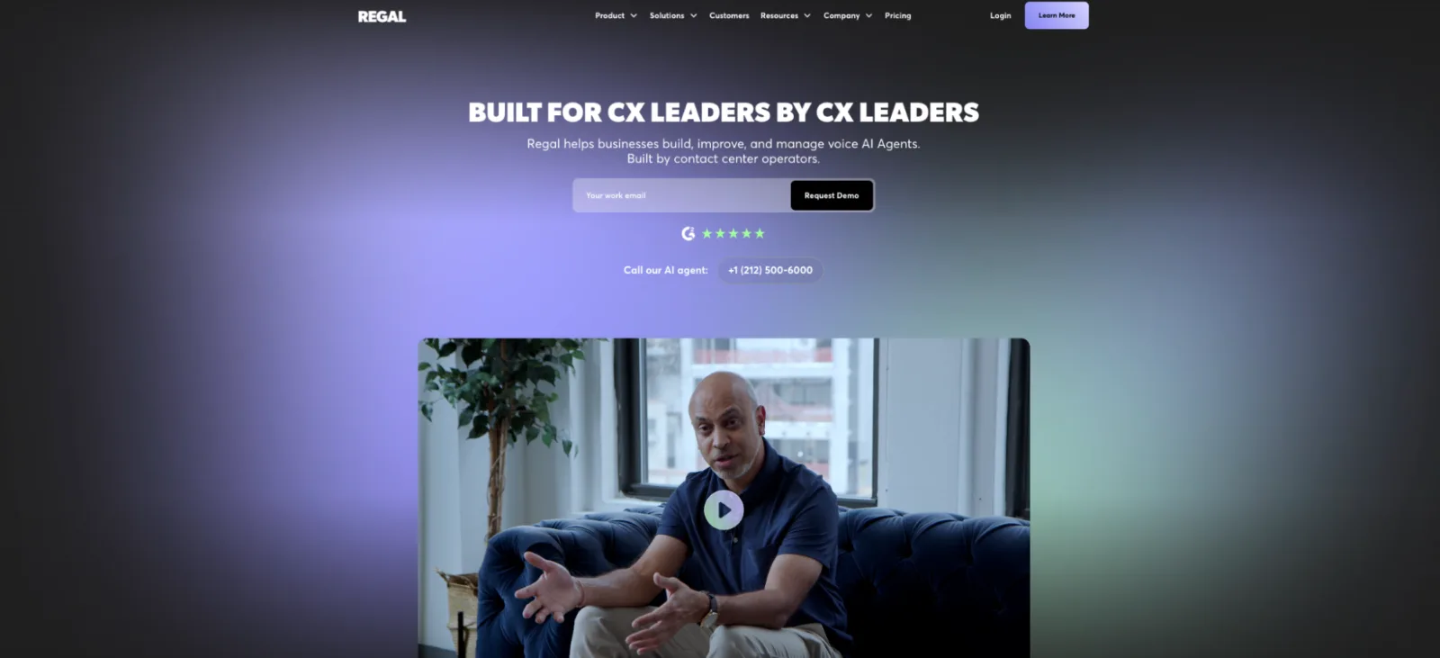 Regal homepage with the headline "Built for CX leaders by CX leaders" and a number to call its AI agent