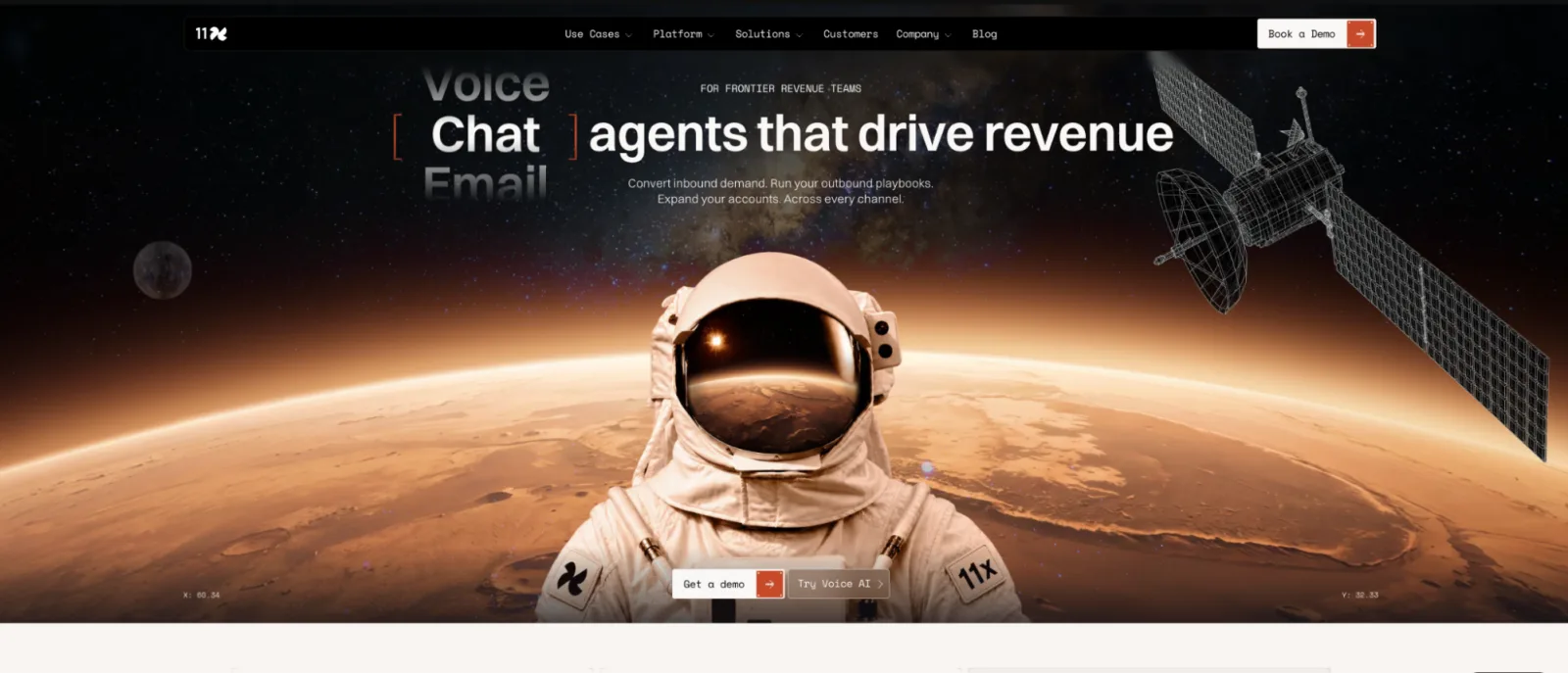 11x homepage with the headline "Voice, chat, email agents that drive revenue" over an astronaut and planet backdrop