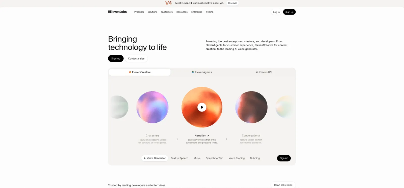ElevenLabs homepage with the headline "Bringing technology to life" and product tabs for ElevenCreative, ElevenAgents and ElevenAPI