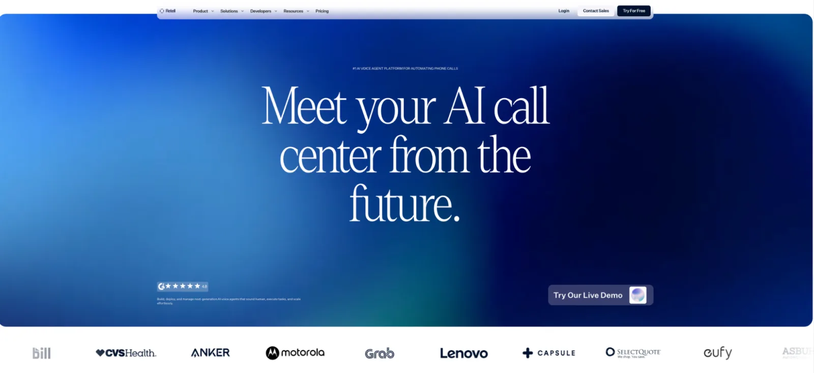 Retell AI homepage with the headline "Meet your AI call center from the future" and customer logos including CVS Health, Anker, Motorola and Lenovo