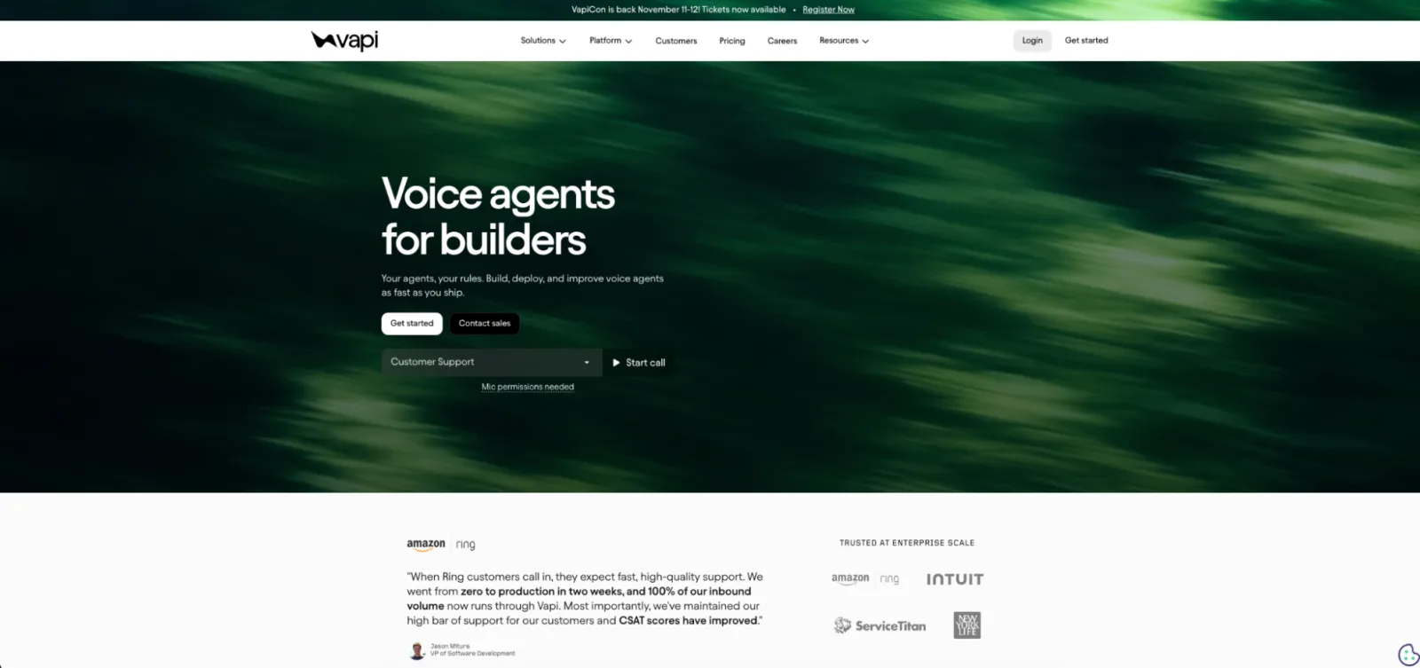 Vapi homepage with the headline "Voice agents for builders" and a demo call selector