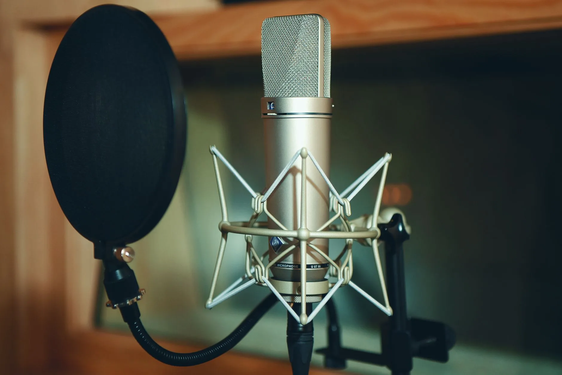Studio microphone with a pop filter for recording a custom voice