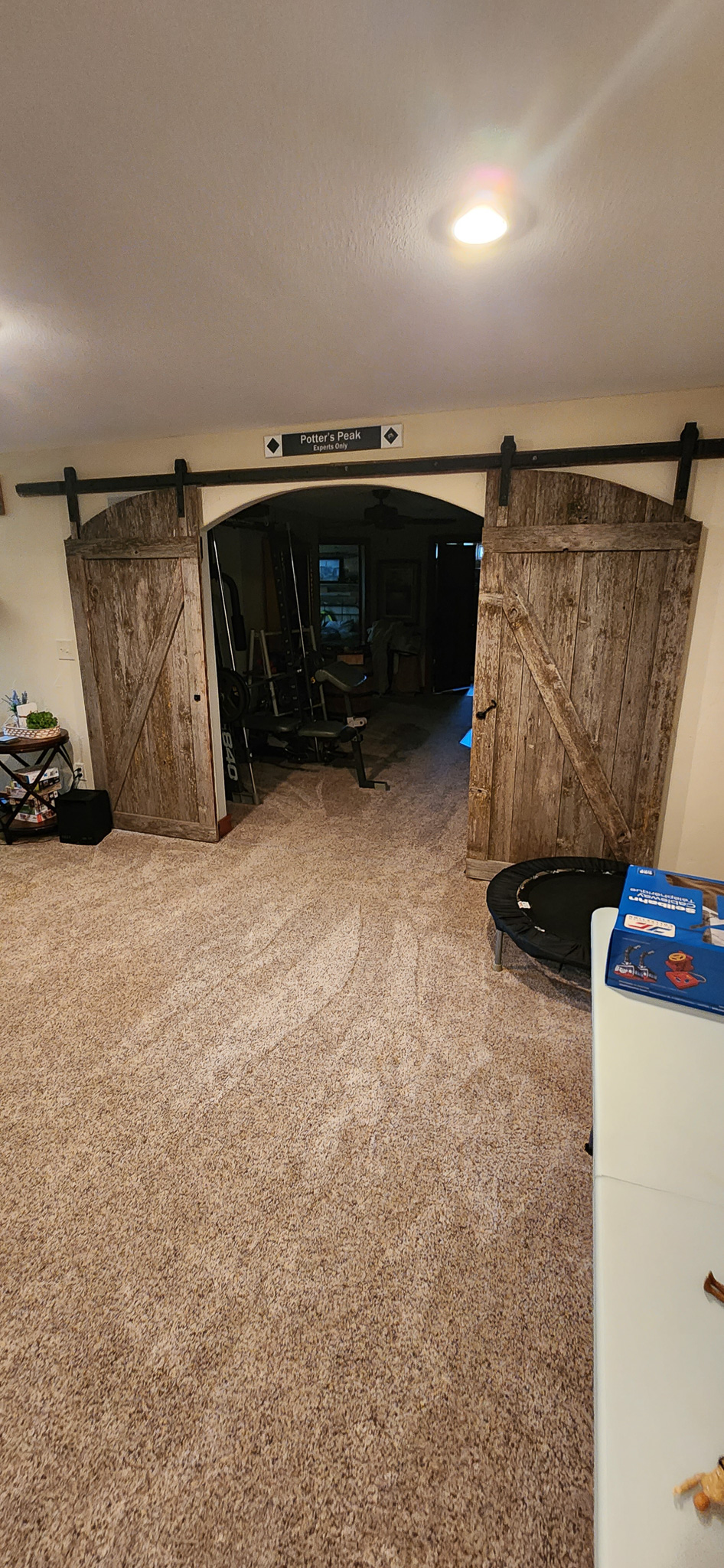 Sliding wooden barn doors in basement of home built by Potterbilt Homes.