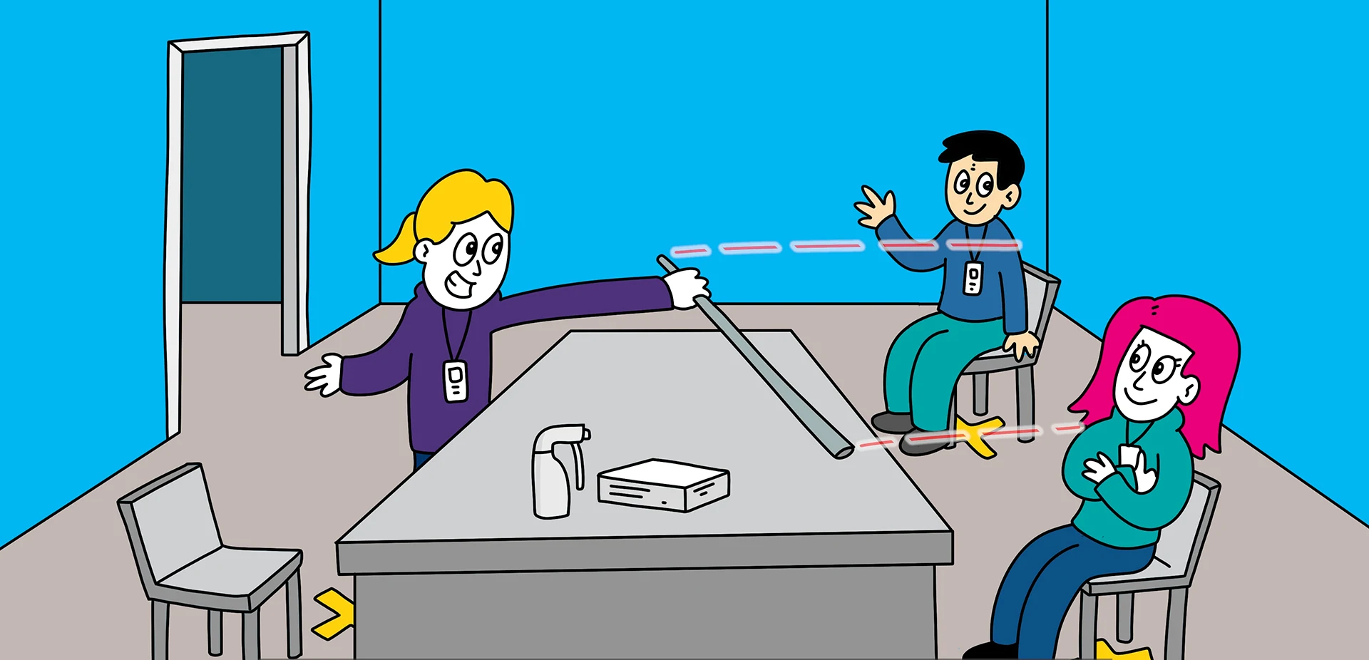 Tre ansatte i et møterom. En av dem holder en stang som markerer at de har mer enn 1 meter avstand. Illustrasjon.