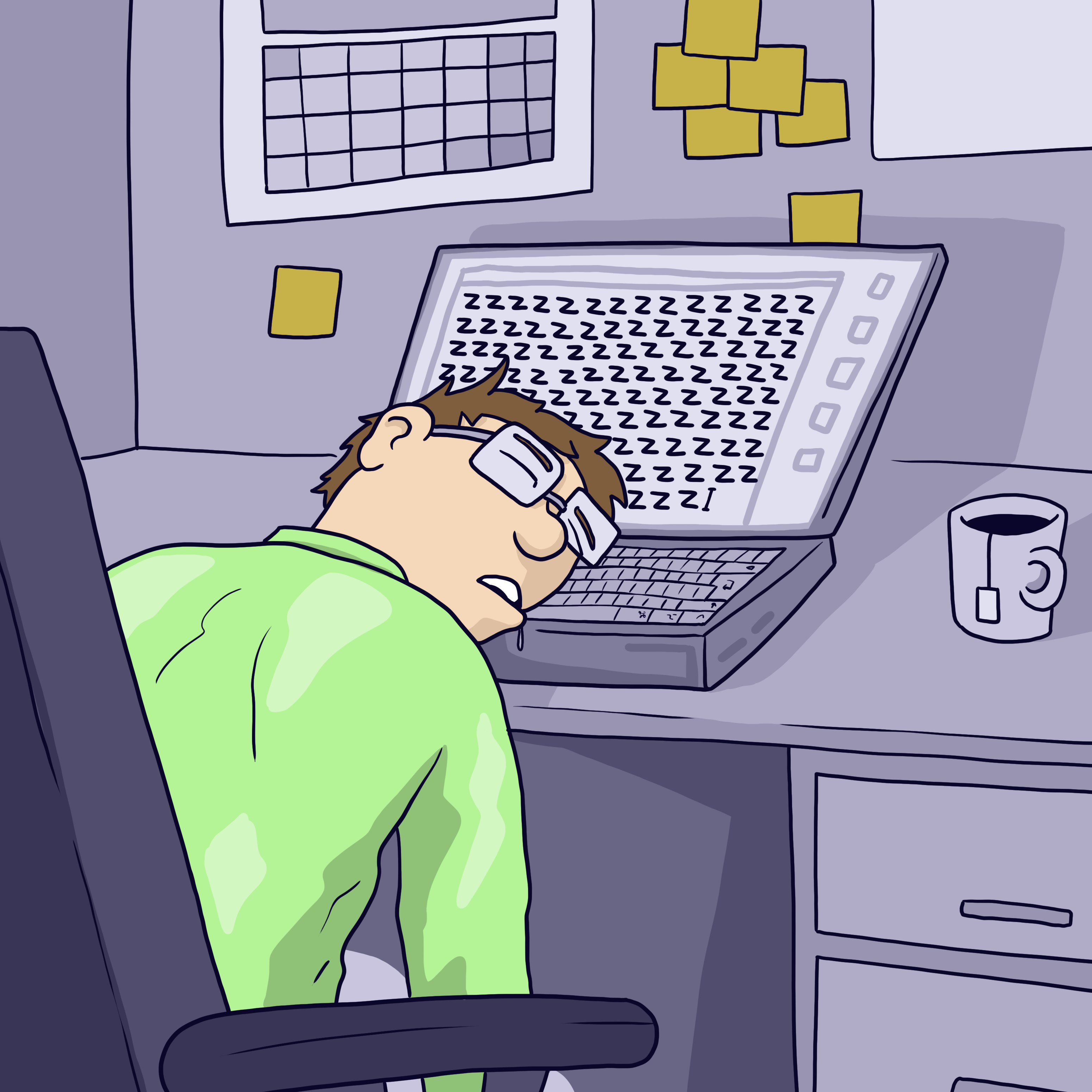 En person som sover ved skrivebordet sitt, med hodet hvilende på en bærbar datamaskin med "Z"-bokstaver på skjermen. Klistrelapper på veggen, kaffekrus i nærheten, formidler utmattelse.