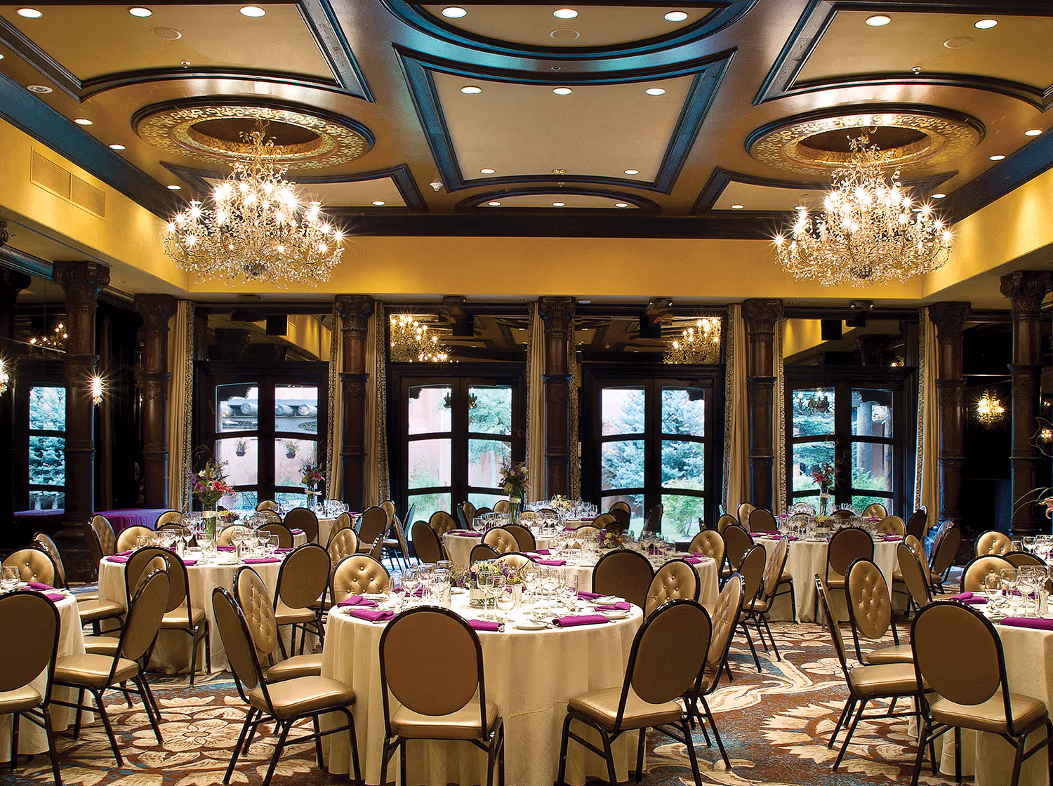 Rio Grande ballroom set for an event with windows