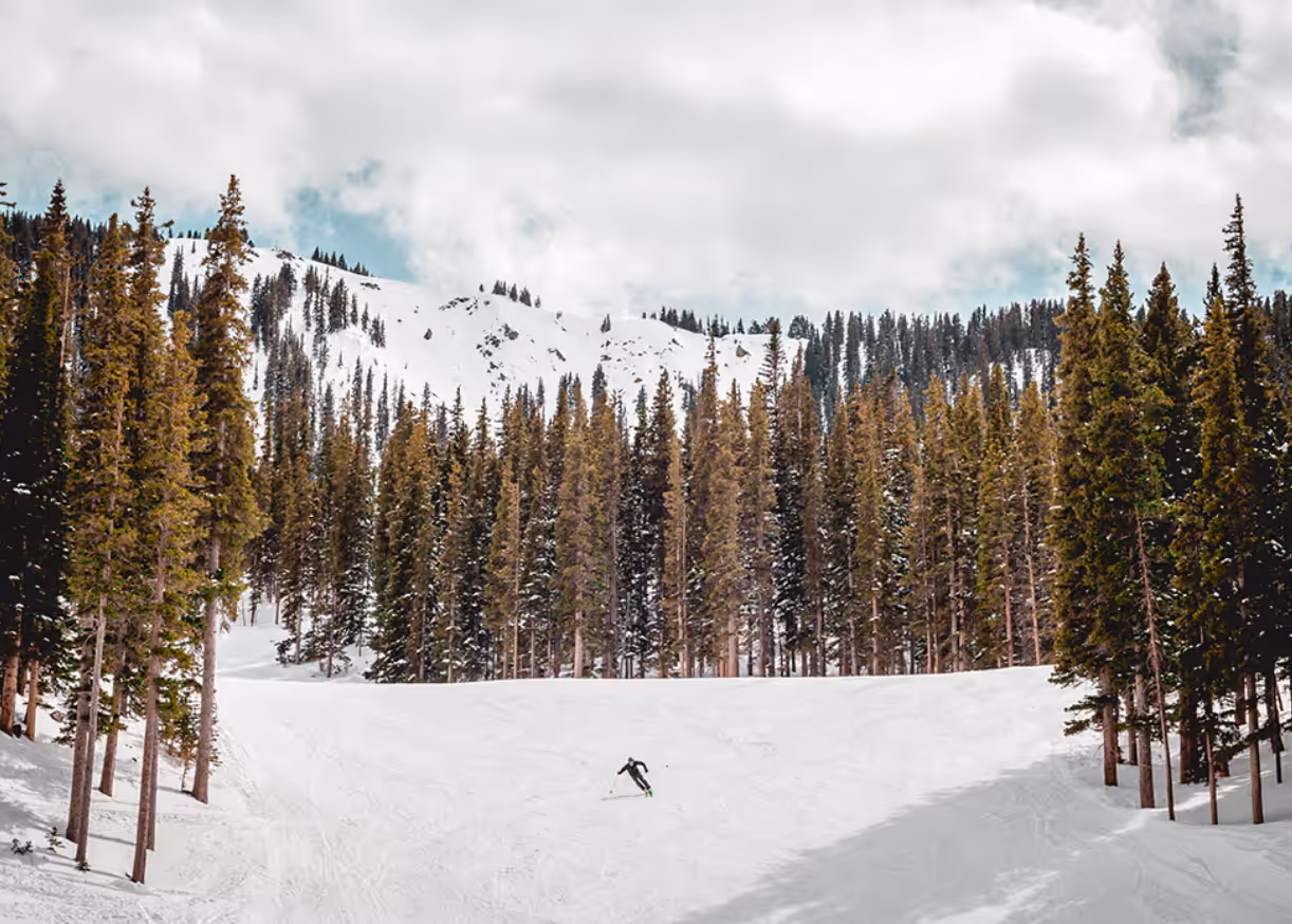 Snowy mountain with person skiing