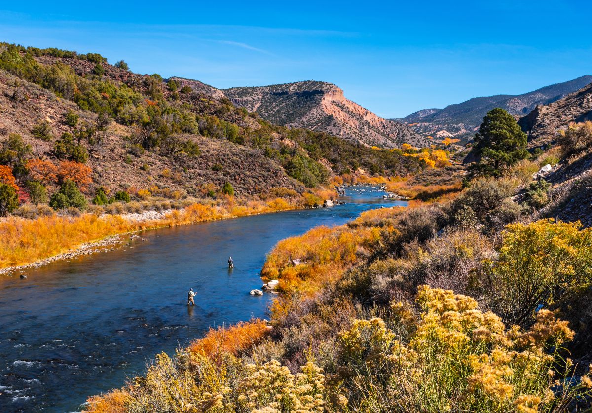 Two men fly fishing in river