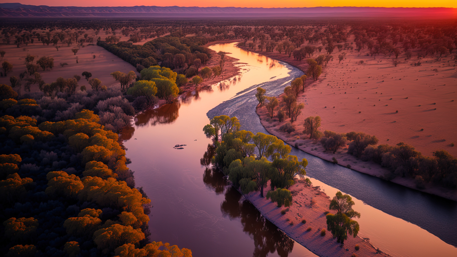 Aerial view of winding river through Australian outback at sunset with golden trees and red earth under purple sky.