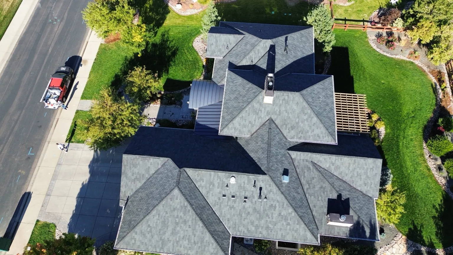 Aerial overview of the completed Class 4 Malarkey Windsor shingle roof in Timnath.