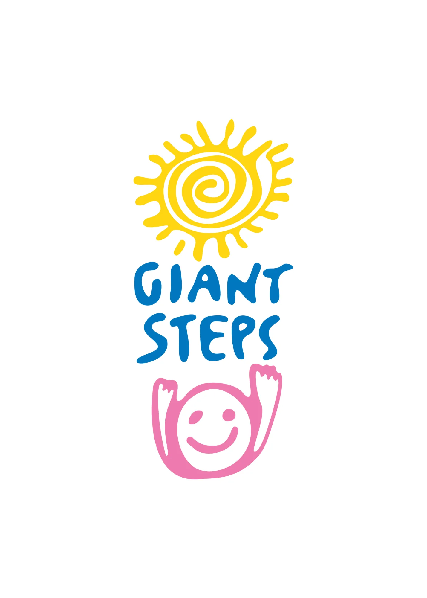 Yellow spiral sun above blue text 'GIANT STEPS' with a pink smiling face raising its arms below.