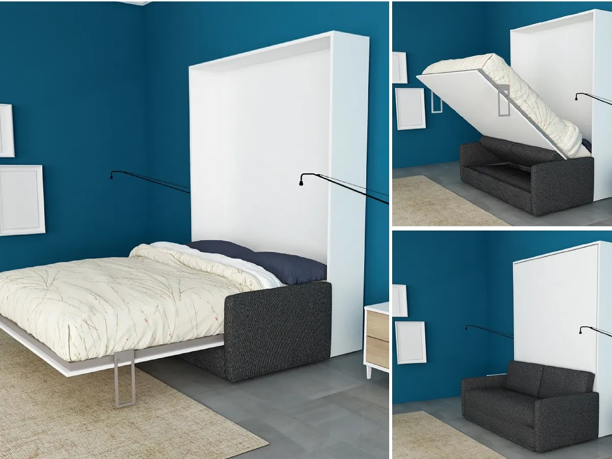 Murphy wall bed with fold-down sofa shown open, mid-fold and closed, turning a living area into a bedroom