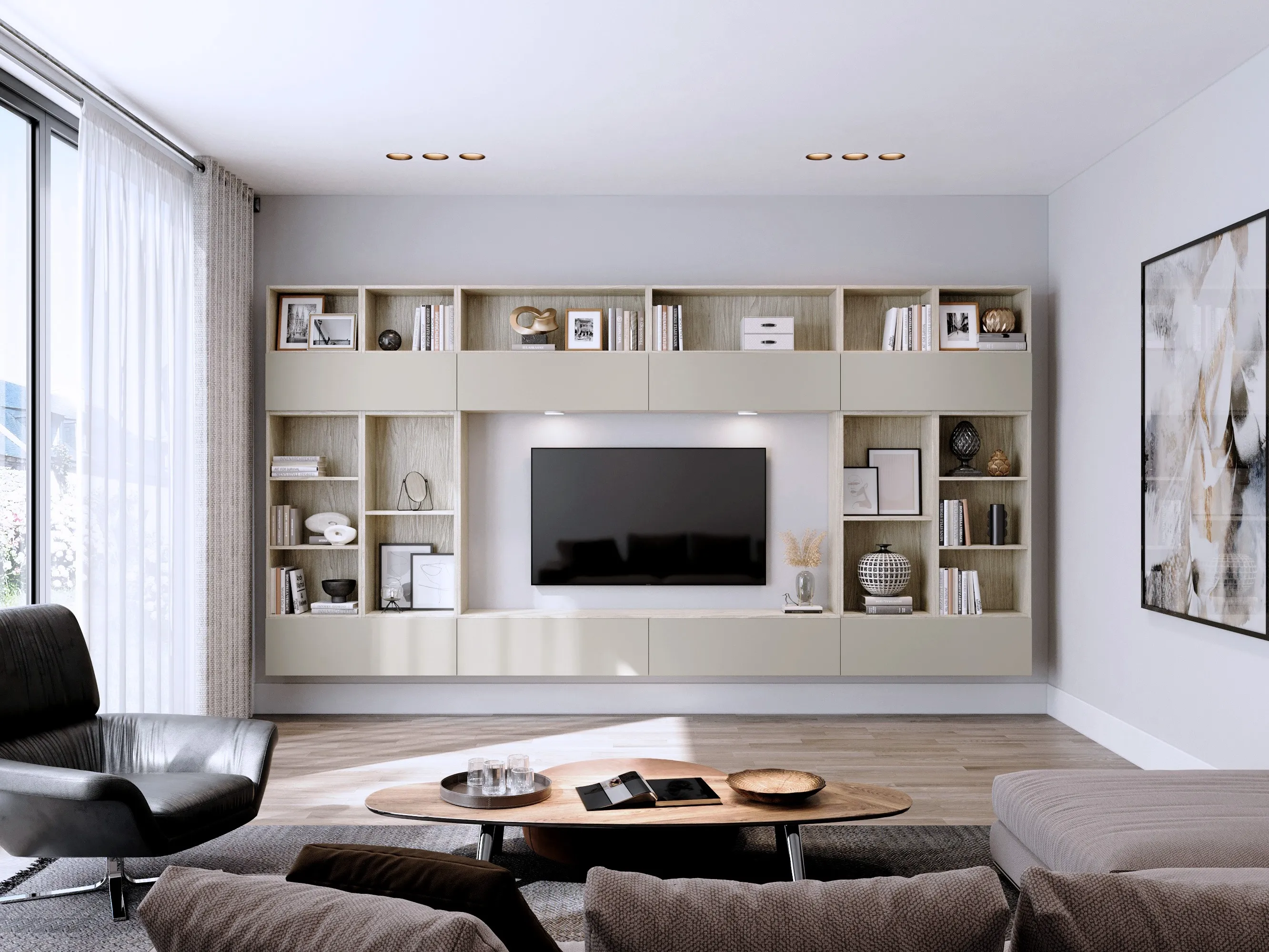Personalized living room wall unit with lit open shelves and cabinets framing a wall-mounted TV