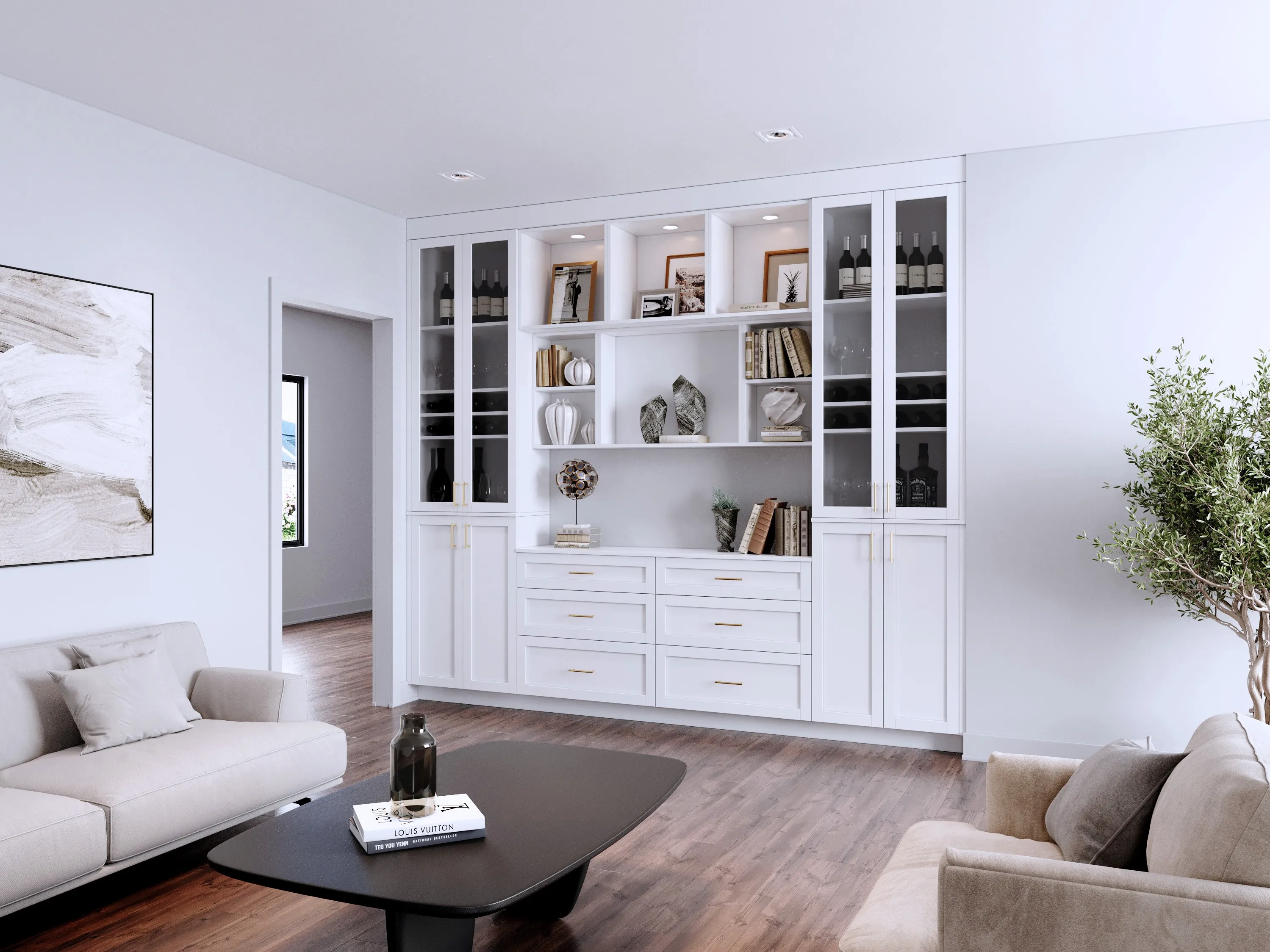 Custom-built white living room wall unit with glass-door display cabinets, open shelves and drawers